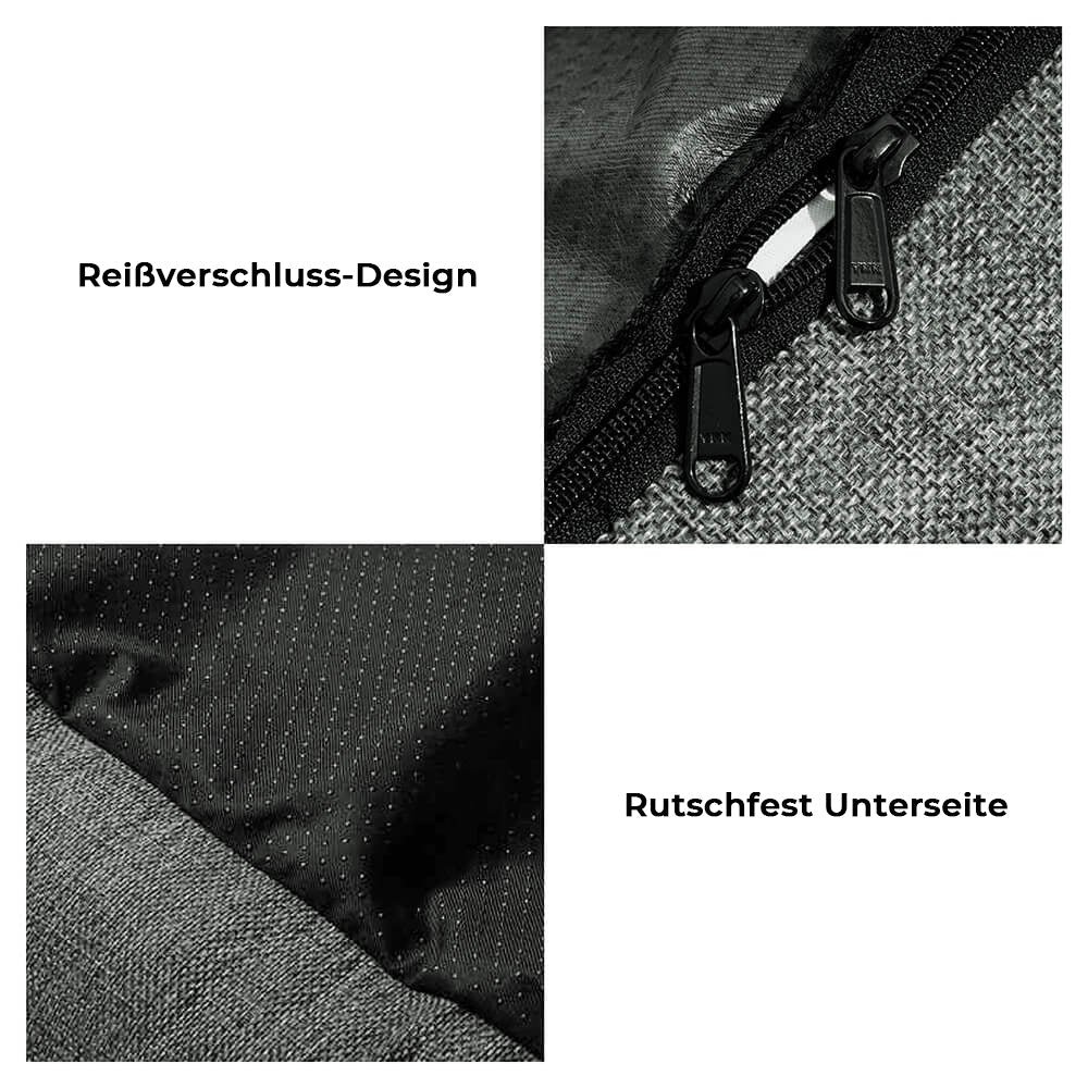 "Waschbarer Hundesitz im Auto, viel Platz, beige Stoff, hoher Rand, doppelte Gurte für Sicherheit und Komfort."