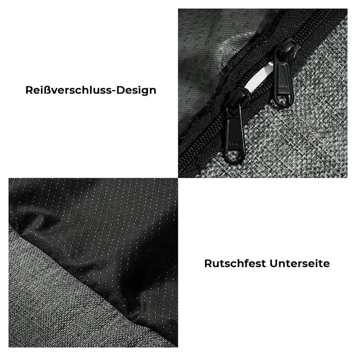 "Waschbarer Hundesitz im Auto, viel Platz, beige Stoff, hoher Rand, doppelte Gurte für Sicherheit und Komfort."