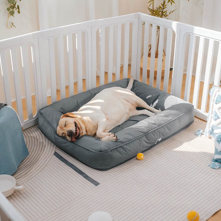 Wasserfestes Hundebett, orthopädisch, großes Modell, graues Material, mit erhöhter Kante für komfortable Kopfstütze