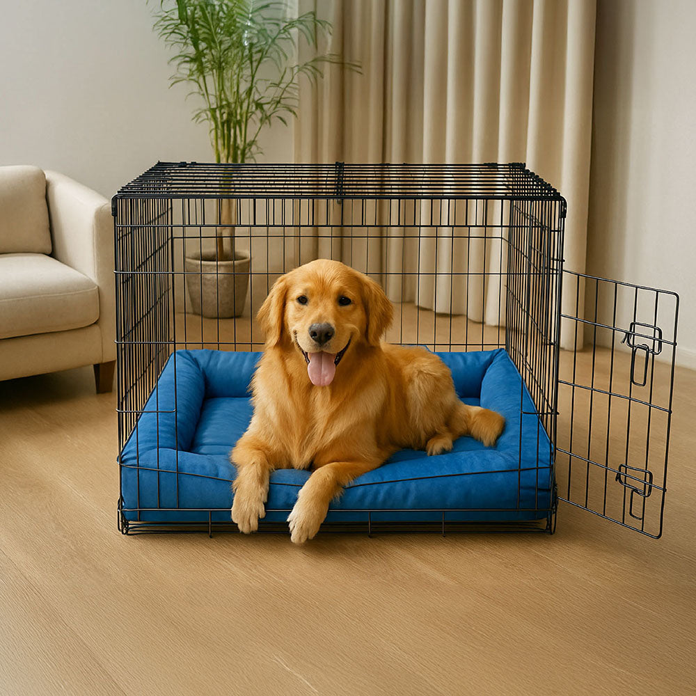 Wasserfestes Hundebett, orthopädisch, großes Modell, graues Material, mit erhöhter Kante für komfortable Kopfstütze