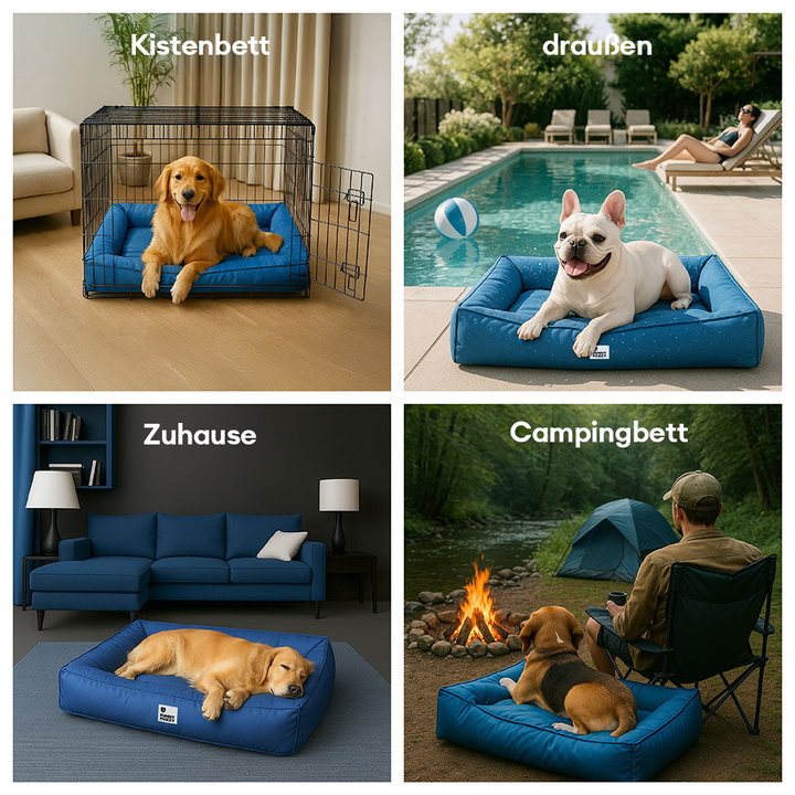 Wasserfestes Hundebett, orthopädisch, großes Modell, graues Material, mit erhöhter Kante für komfortable Kopfstütze