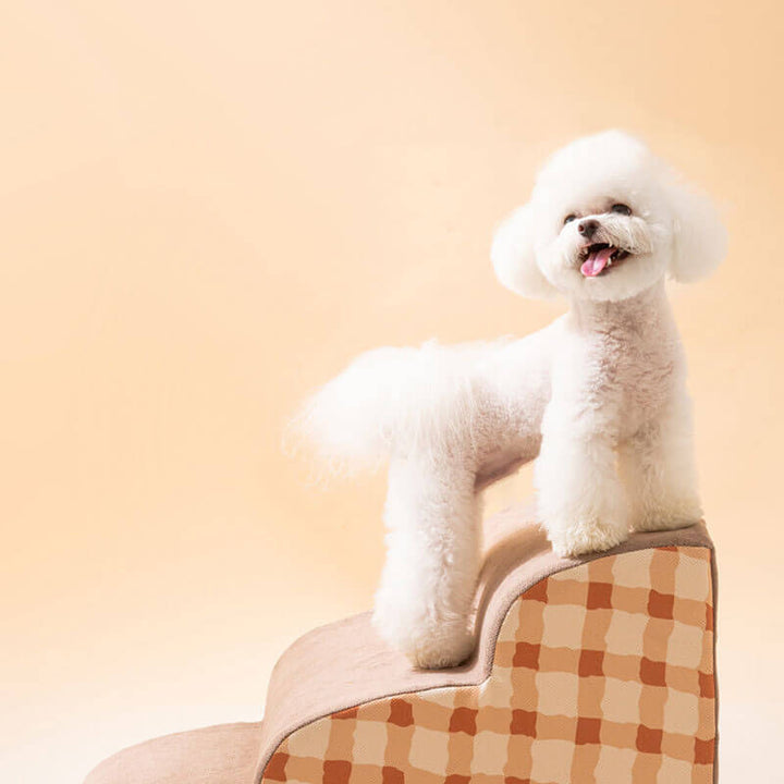 "Weiche, rutschfeste Hundetreppe aus Schaumstoff, robust und sicher, für einfachen Zugang zu Sofa oder Bett, braun und grau."