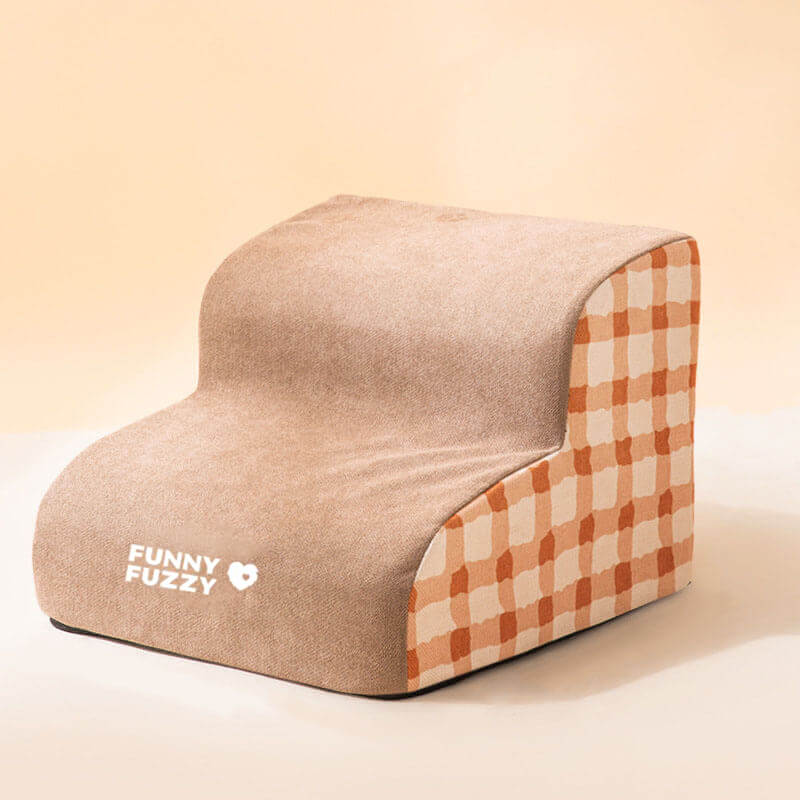 "Weiche, rutschfeste Hundetreppe aus Schaumstoff, robust und sicher, für einfachen Zugang zu Sofa oder Bett, braun und grau."