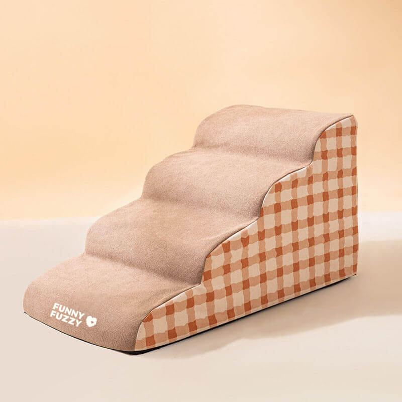 "Weiche, rutschfeste Hundetreppe aus Schaumstoff, robust und sicher, für einfachen Zugang zu Sofa oder Bett, braun und grau."