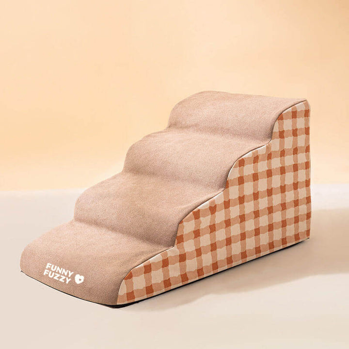 "Weiche, rutschfeste Hundetreppe aus Schaumstoff, robust und sicher, für einfachen Zugang zu Sofa oder Bett, braun und grau."
