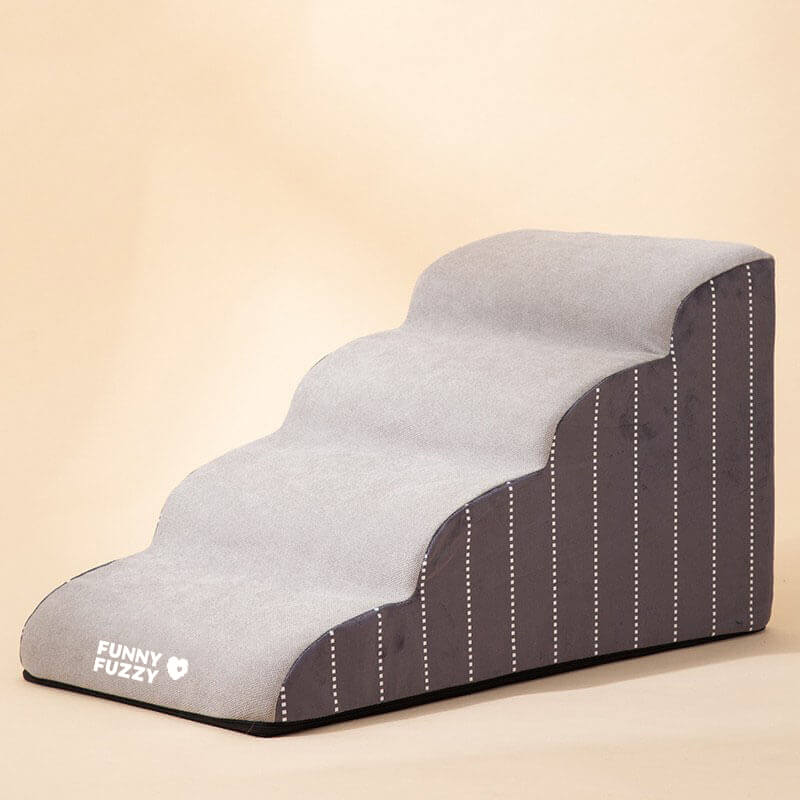"Weiche, rutschfeste Hundetreppe aus Schaumstoff, robust und sicher, für einfachen Zugang zu Sofa oder Bett, braun und grau."