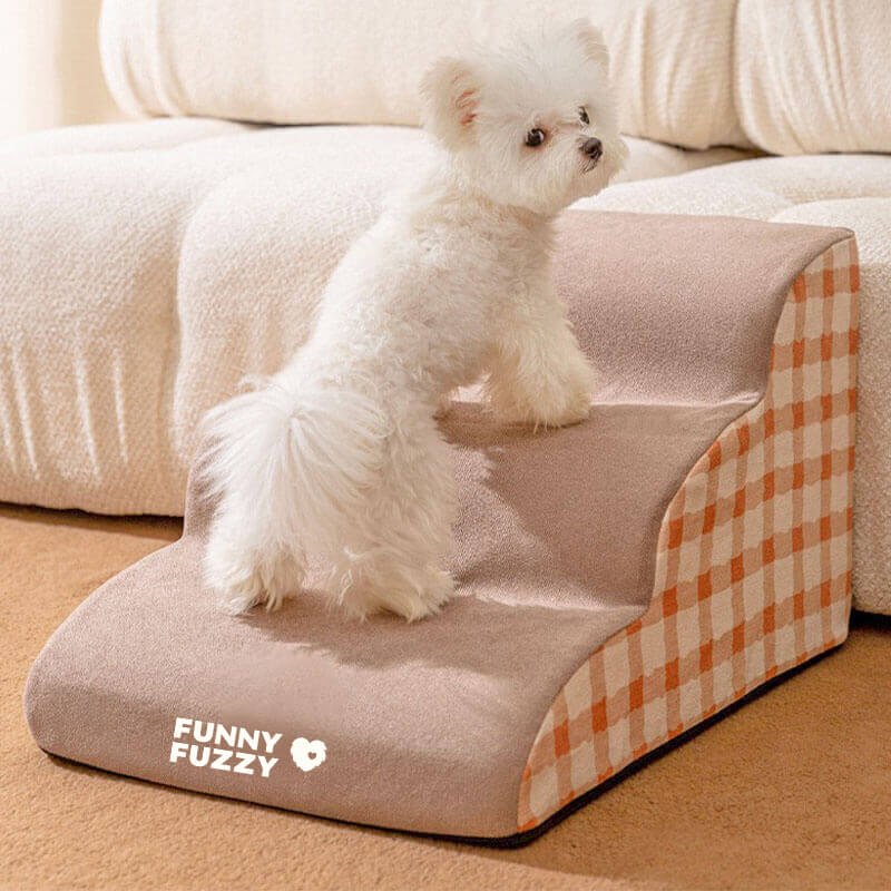 "Weiche, rutschfeste Hundetreppe aus Schaumstoff, robust und sicher, für einfachen Zugang zu Sofa oder Bett, braun und grau."