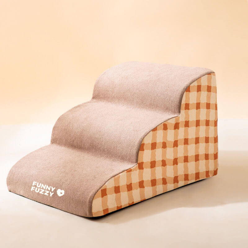 "Weiche, rutschfeste Hundetreppe aus Schaumstoff, robust und sicher, für einfachen Zugang zu Sofa oder Bett, braun und grau."