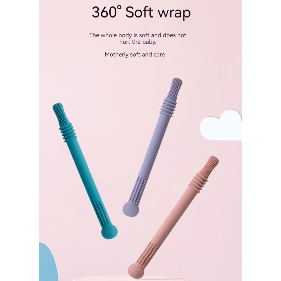 "Weiches Silikon-Beißröhrchen für Babys, sanft zum Zahnfleisch, in buntem Design, ideal für kleine Hände."