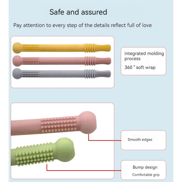"Weiches Silikon-Beißröhrchen für Babys, sanft zum Zahnfleisch, in buntem Design, ideal für kleine Hände."