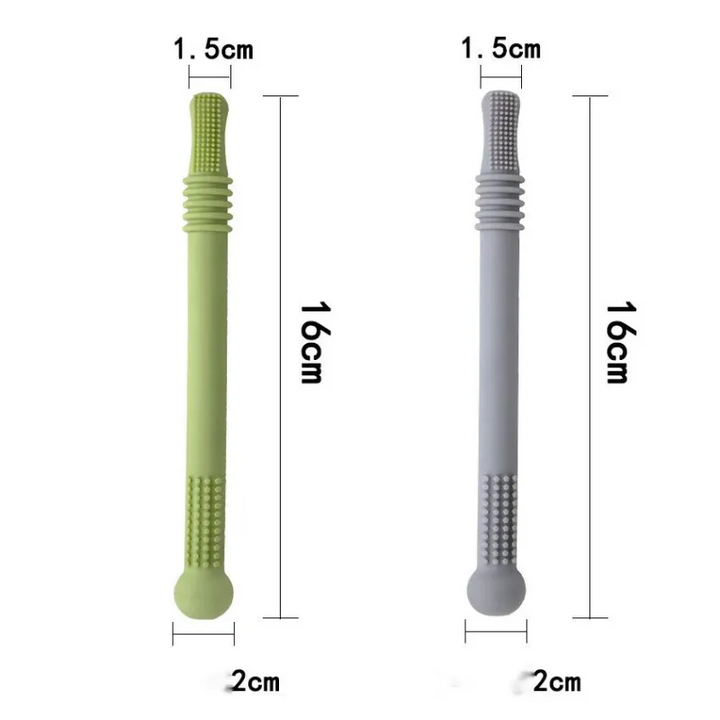 "Weiches Silikon-Beißröhrchen für Babys, sanft zum Zahnfleisch, in buntem Design, ideal für kleine Hände."
