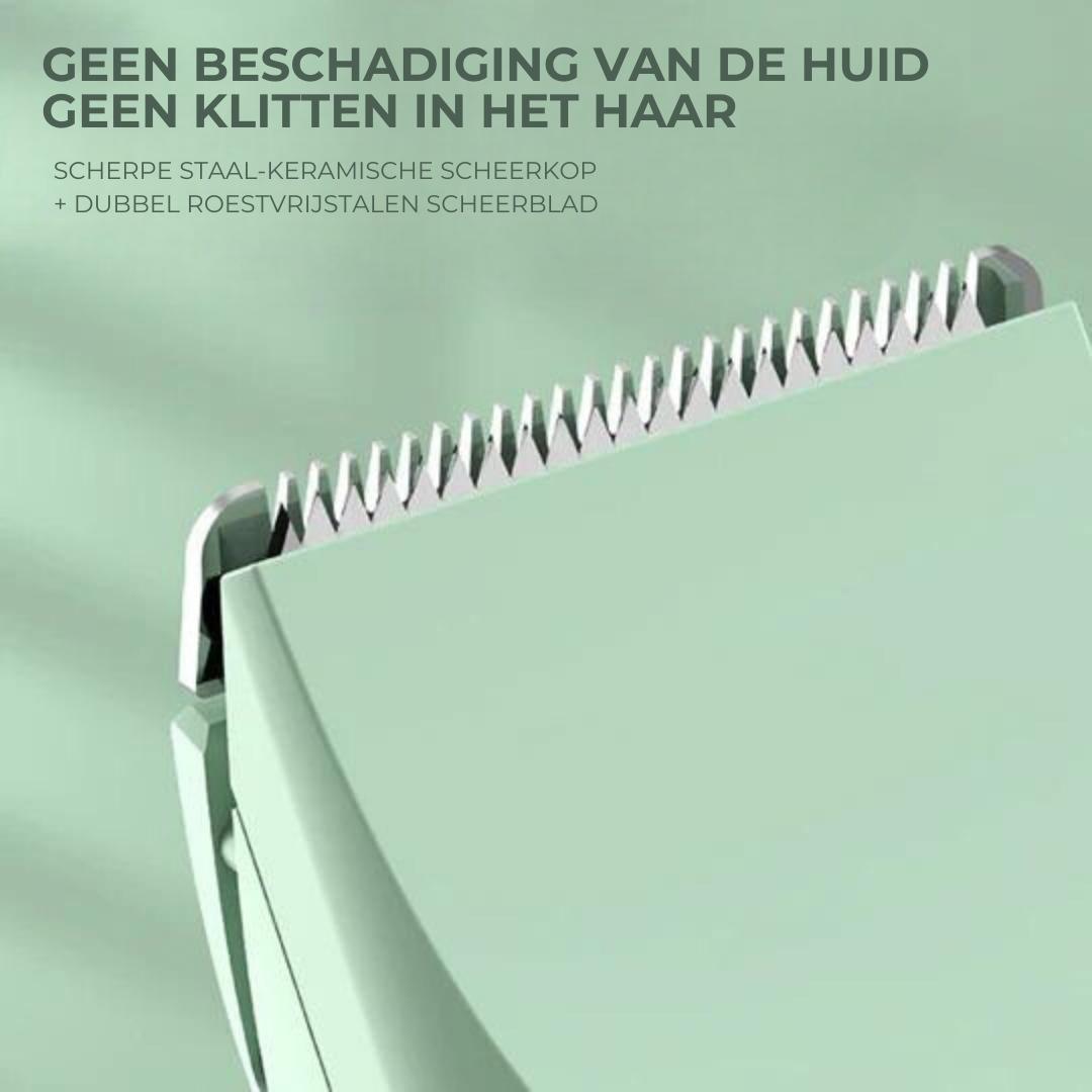 "Weiß-grüner 4-in-1 Haustier-Trimmer mit drei Trimmköpfen und Nagelschleifer, flüsterleise, ideal für stressfreie Pflege."