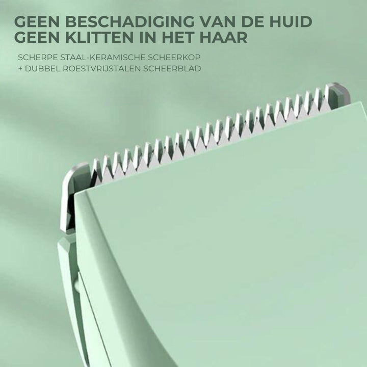 "Weiß-grüner 4-in-1 Haustier-Trimmer mit drei Trimmköpfen und Nagelschleifer, flüsterleise, ideal für stressfreie Pflege."