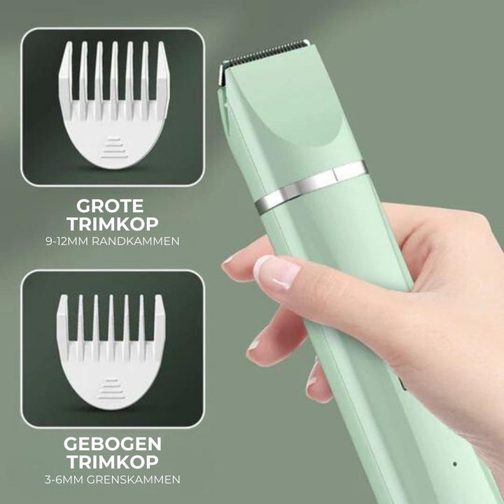 "Weiß-grüner 4-in-1 Haustier-Trimmer mit drei Trimmköpfen und Nagelschleifer, flüsterleise, ideal für stressfreie Pflege."