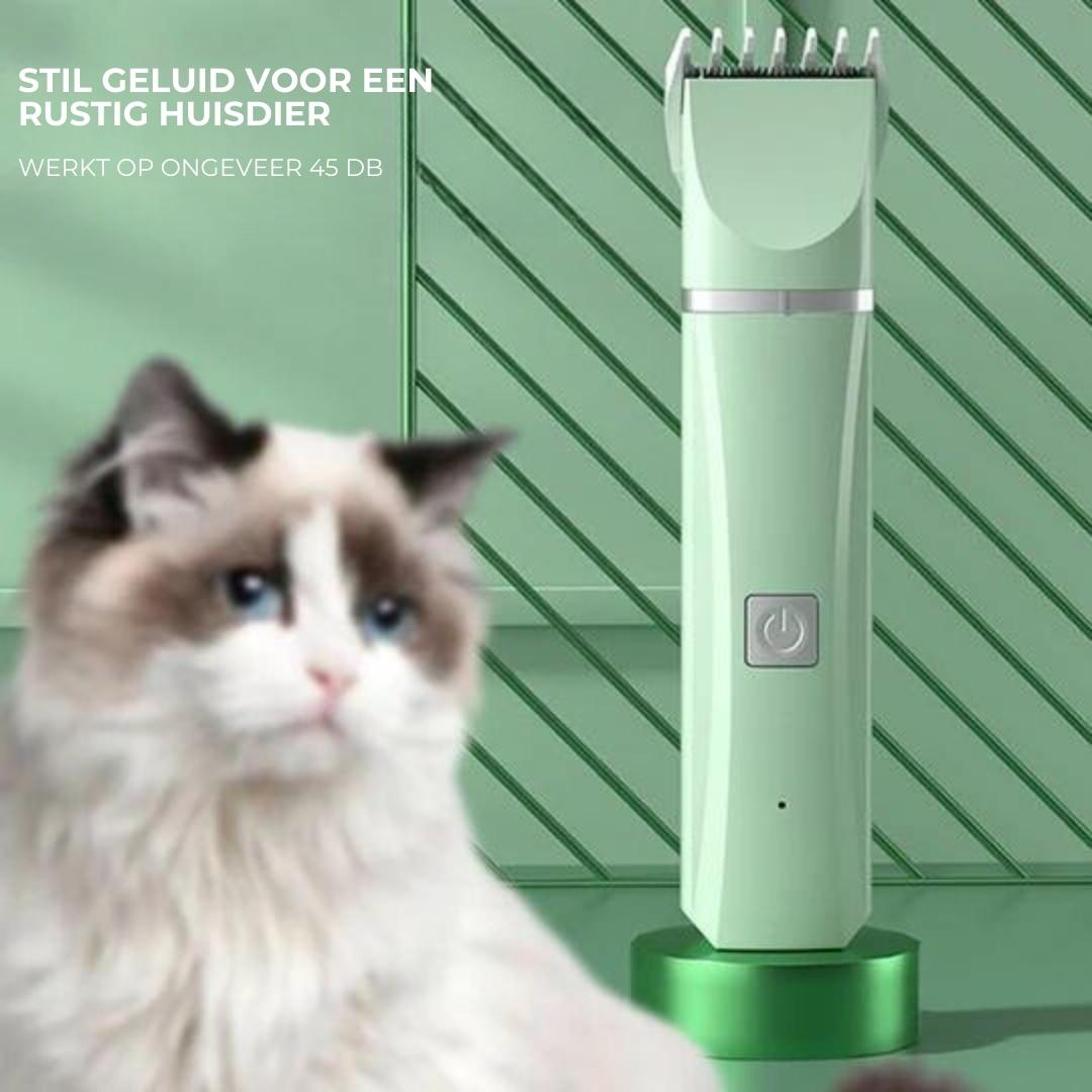 "Weiß-grüner 4-in-1 Haustier-Trimmer mit drei Trimmköpfen und Nagelschleifer, flüsterleise, ideal für stressfreie Pflege."