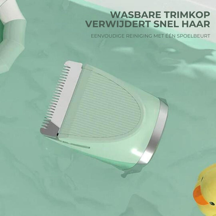 "Weiß-grüner 4-in-1 Haustier-Trimmer mit drei Trimmköpfen und Nagelschleifer, flüsterleise, ideal für stressfreie Pflege."