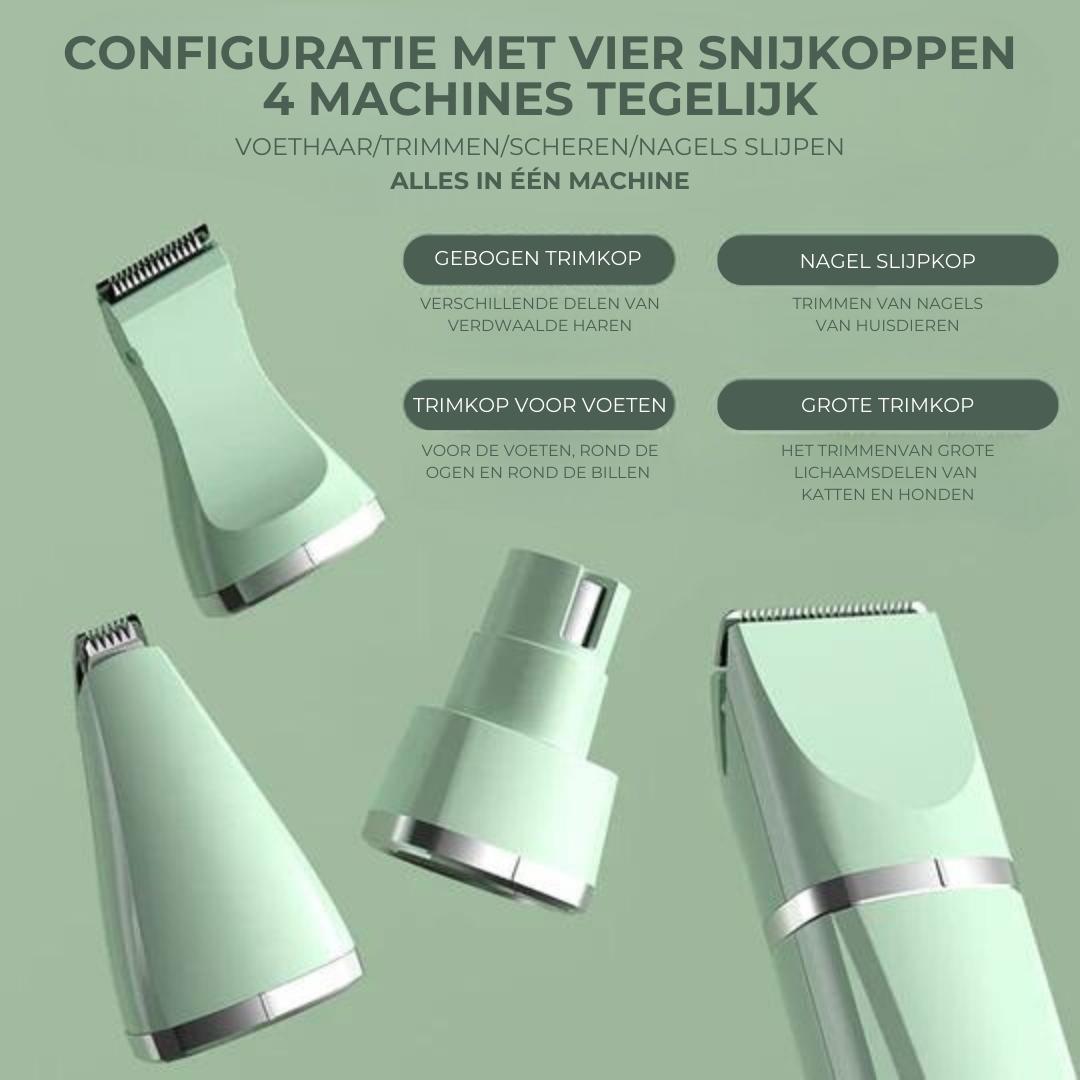 "Weiß-grüner 4-in-1 Haustier-Trimmer mit drei Trimmköpfen und Nagelschleifer, flüsterleise, ideal für stressfreie Pflege."