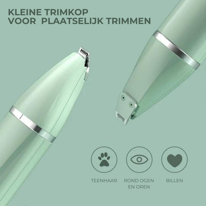 "Weiß-grüner 4-in-1 Haustier-Trimmer mit drei Trimmköpfen und Nagelschleifer, flüsterleise, ideal für stressfreie Pflege."