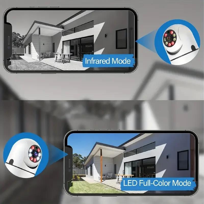 "Weiße 360° Überwachungskamera mit HD 1080p und Nachtsicht, ideal für Innen- und Außeneinsatz, wetterfest, WLAN-kompatibel."