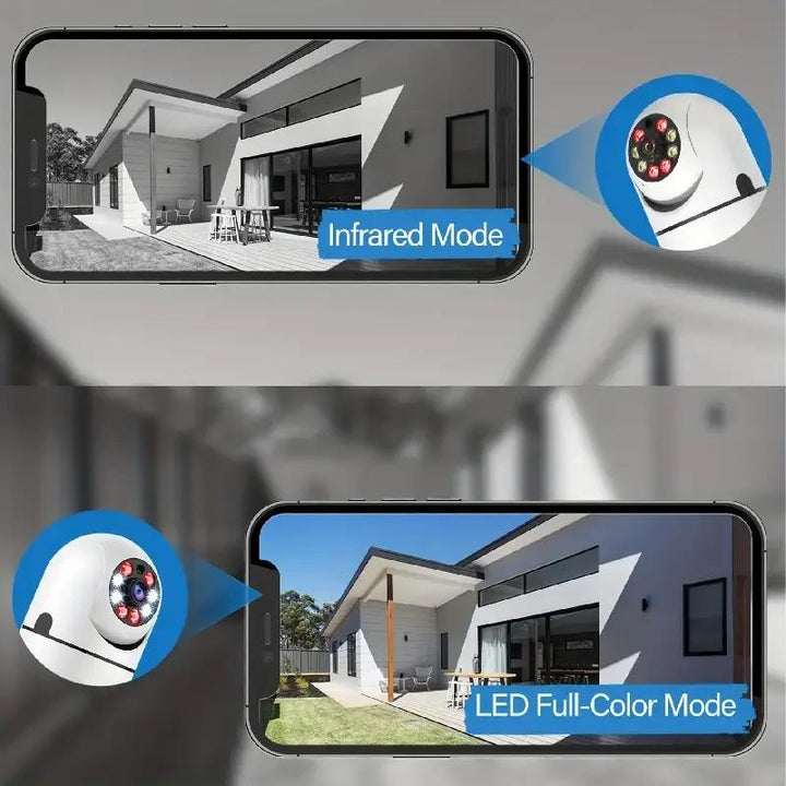 "Weiße 360° Überwachungskamera mit HD 1080p und Nachtsicht, ideal für Innen- und Außeneinsatz, wetterfest, WLAN-kompatibel."