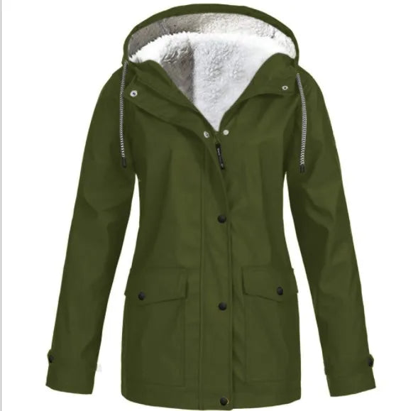 "Wind- und wasserdichte Damen-Outdoor-Jacke mit Kapuze, Fleece-Futter, in Armee Grün, für Camping & Hiking geeignet"