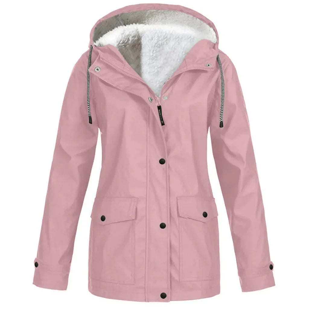"Wind- und wasserdichte Damen-Outdoor-Jacke mit Kapuze, Fleece-Futter, in Armee Grün, für Camping & Hiking geeignet"