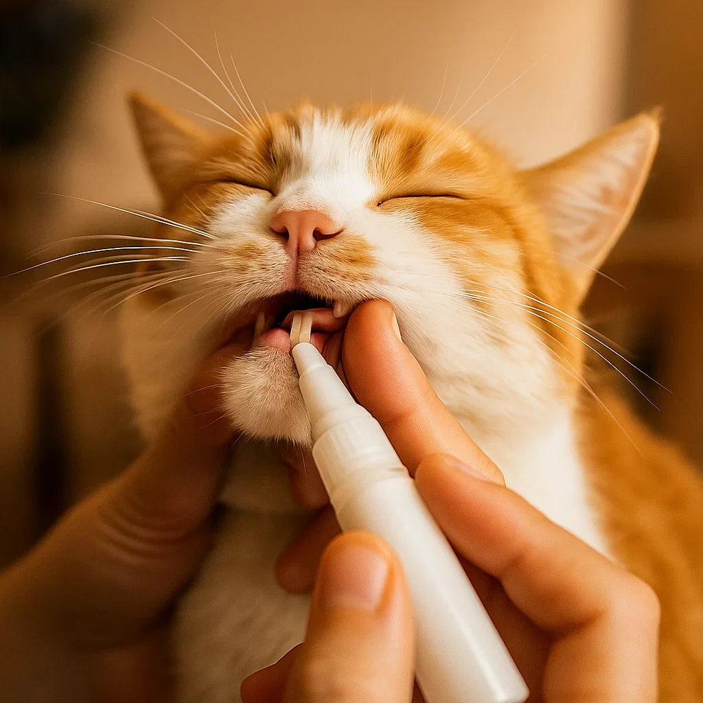 "Zahnpflege Stift für Katzen, hilft gegen Zahnstein, liefert frischen Atem, mit natürlichen Inhaltsstoffen, weiß-grün"