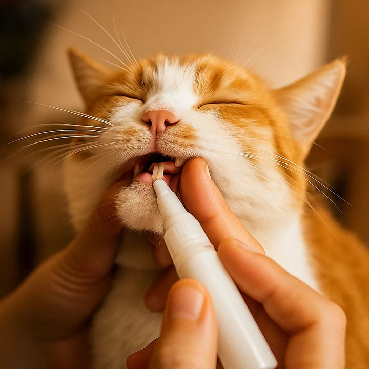 "Zahnpflege Stift für Katzen, hilft gegen Zahnstein, liefert frischen Atem, mit natürlichen Inhaltsstoffen, weiß-grün"
