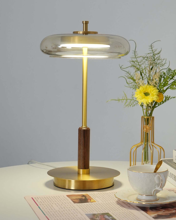 Designer Tischleuchte Modern Glas Holz Metall