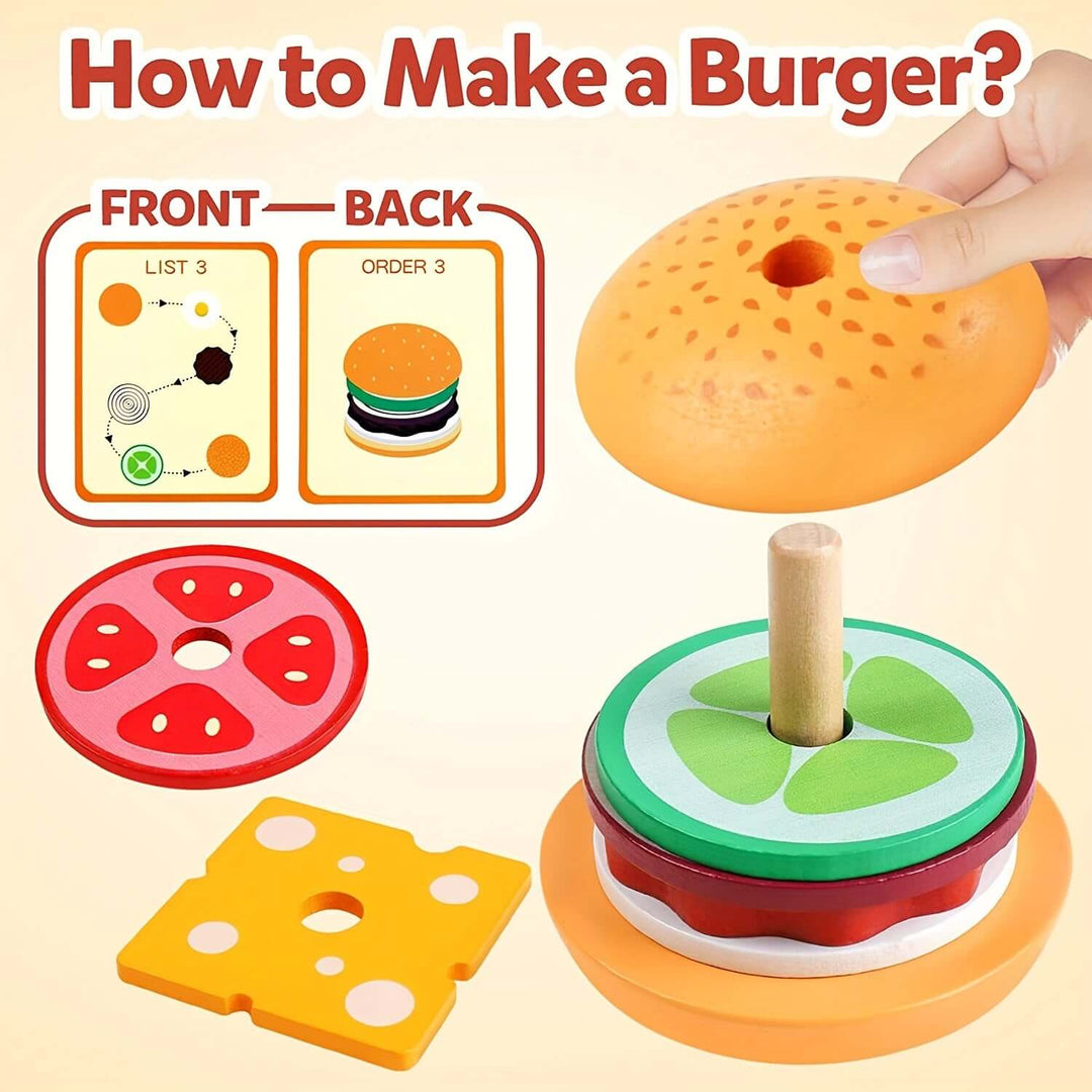 Jeu d'empilage en bois Montessori Burger - motricité fine et créativité