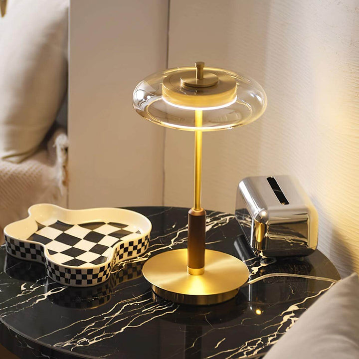 Designer Tischleuchte Modern Glas Holz Metall