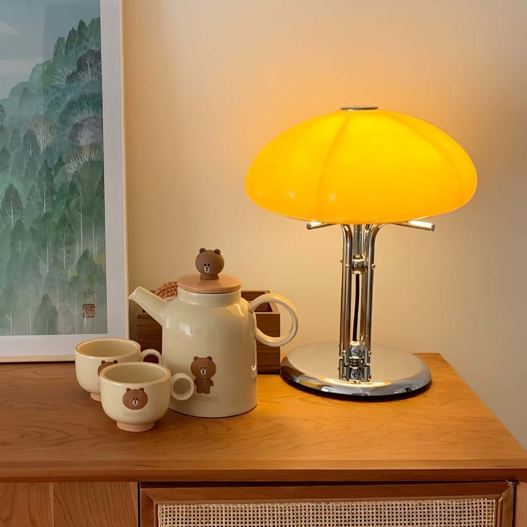 Pilz Design Tischlampe Glas Bernstein