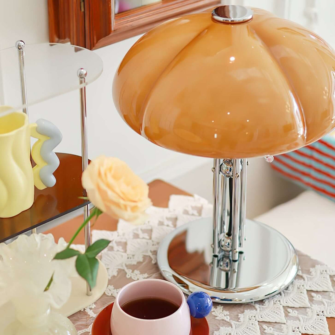 Pilz Design Tischlampe Glas Bernstein