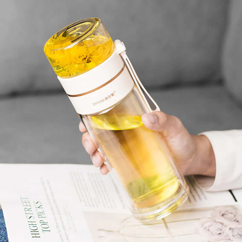 Bouteille à thé en verre à double paroi avec passoire en acier inoxydable
