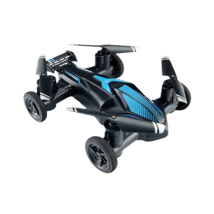 2-in-1 ferngesteuertes Auto-Drohne, blau, Seitenansicht. Kombiniert Fahr- und Flugfunktion, perfekte Technik für Abenteuer.