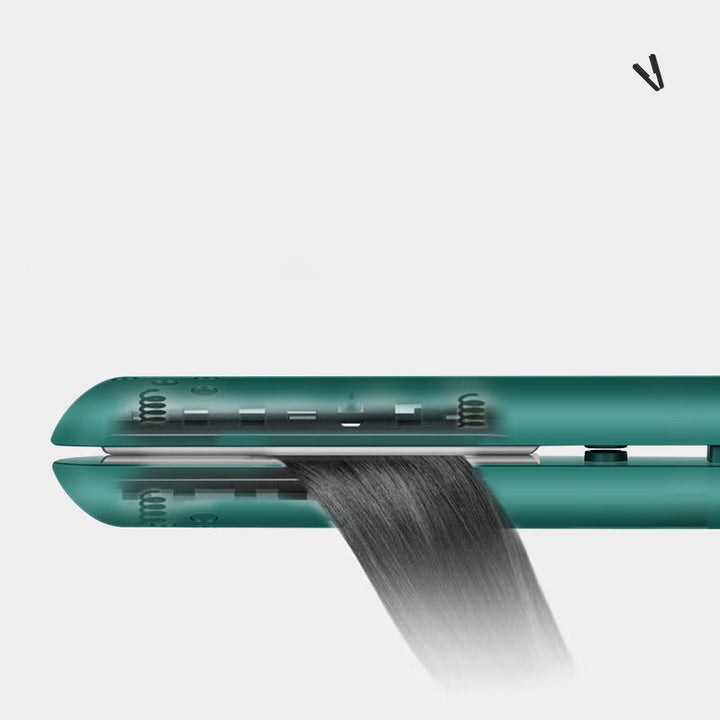 "2-in-1 Haarstyler: Glätteisen & Lockenstab im Einsatz, ergonomisches Design, flexible Frisurenoptionen."