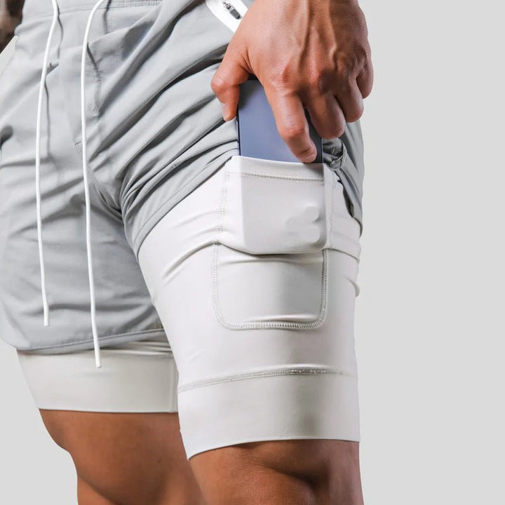 "2-in-1 Herren-Trainingsshorts, sportlich, komfortabel, innenliegende Kompressionshose, mit Taschen, schwarz"