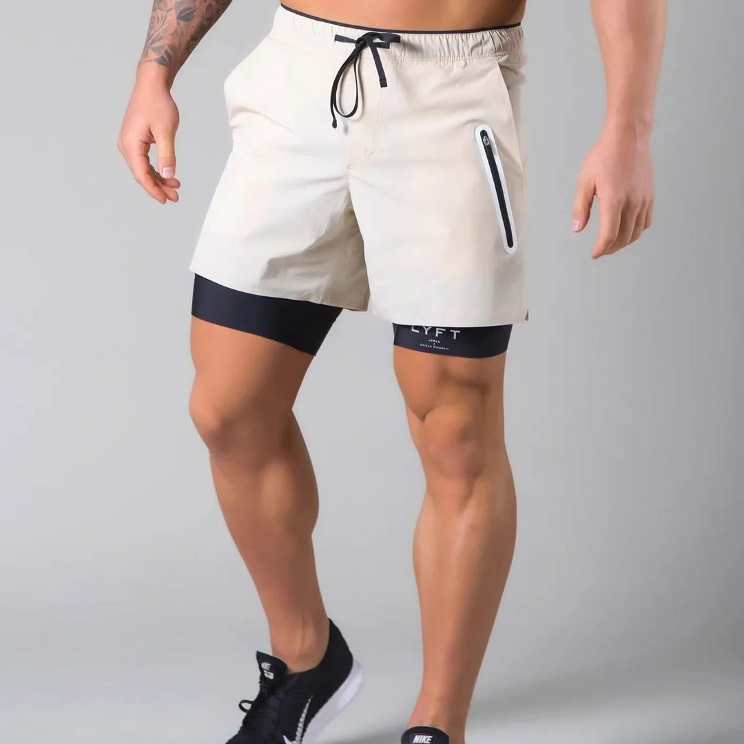 "2-in-1 Herren-Trainingsshorts, sportlich, komfortabel, innenliegende Kompressionshose, mit Taschen, schwarz"