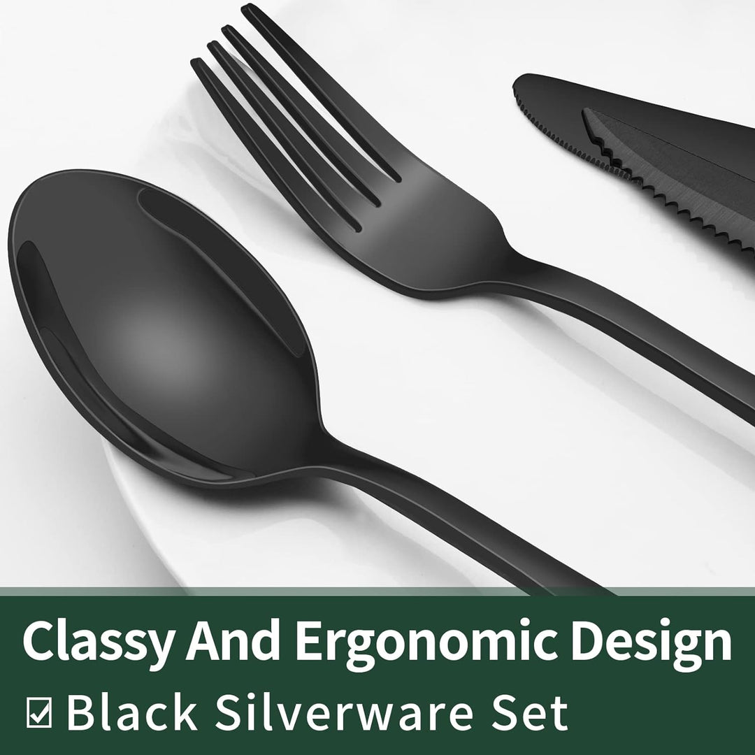 "24-teiliges schwarzes Besteckset aus Edelstahl mit elegantem, mattem Design auf einem stilvoll gedeckten Tisch"