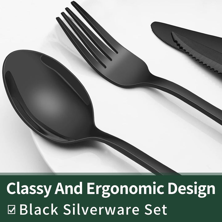 "24-teiliges schwarzes Besteckset aus Edelstahl mit elegantem, mattem Design auf einem stilvoll gedeckten Tisch"