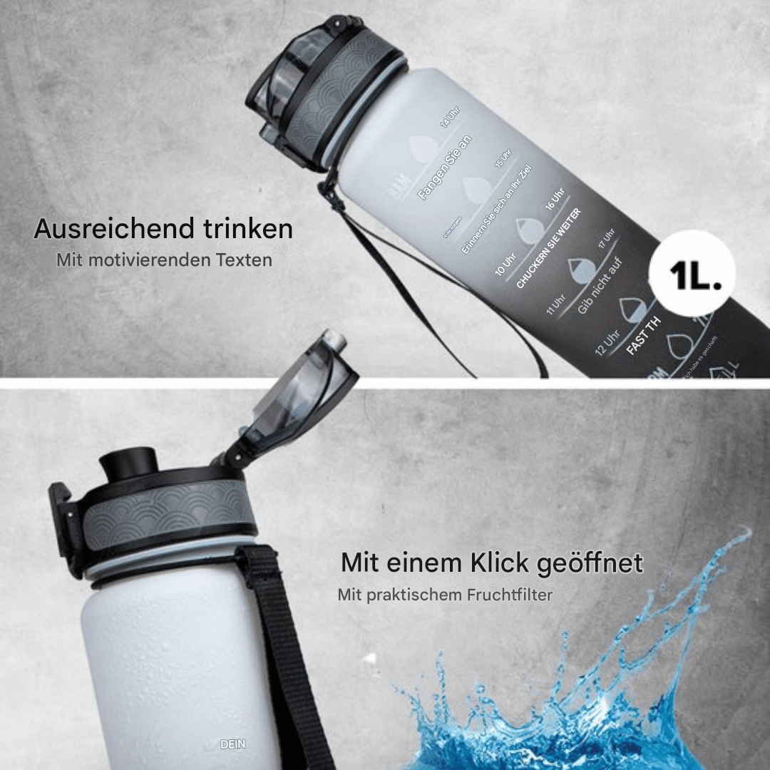 1L Trinkflasche mit Zeitmarkierung & Strohhalm