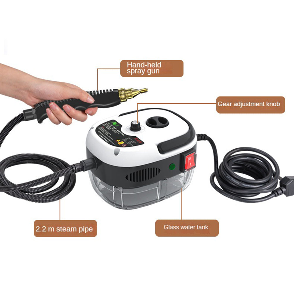 "2500W Hochdruck-Dampfreiniger von vorne, 6 Stufen, für effektive Reinigung zu Hause und in der Küche, umweltfreundlich."
