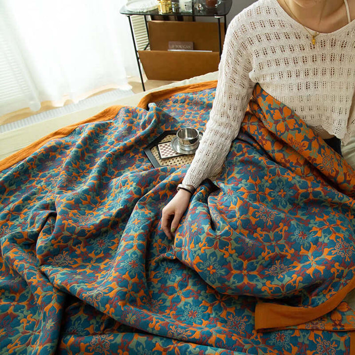 Couverture en coton 6 couches de haute qualité, orange-bleu