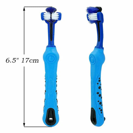 "3-Kopf-Hundezahnbürste mit ergonomischem Griff für effektive 360°-Zahnreinigung in Blau, Grün, Lila, Orange, Weiß."