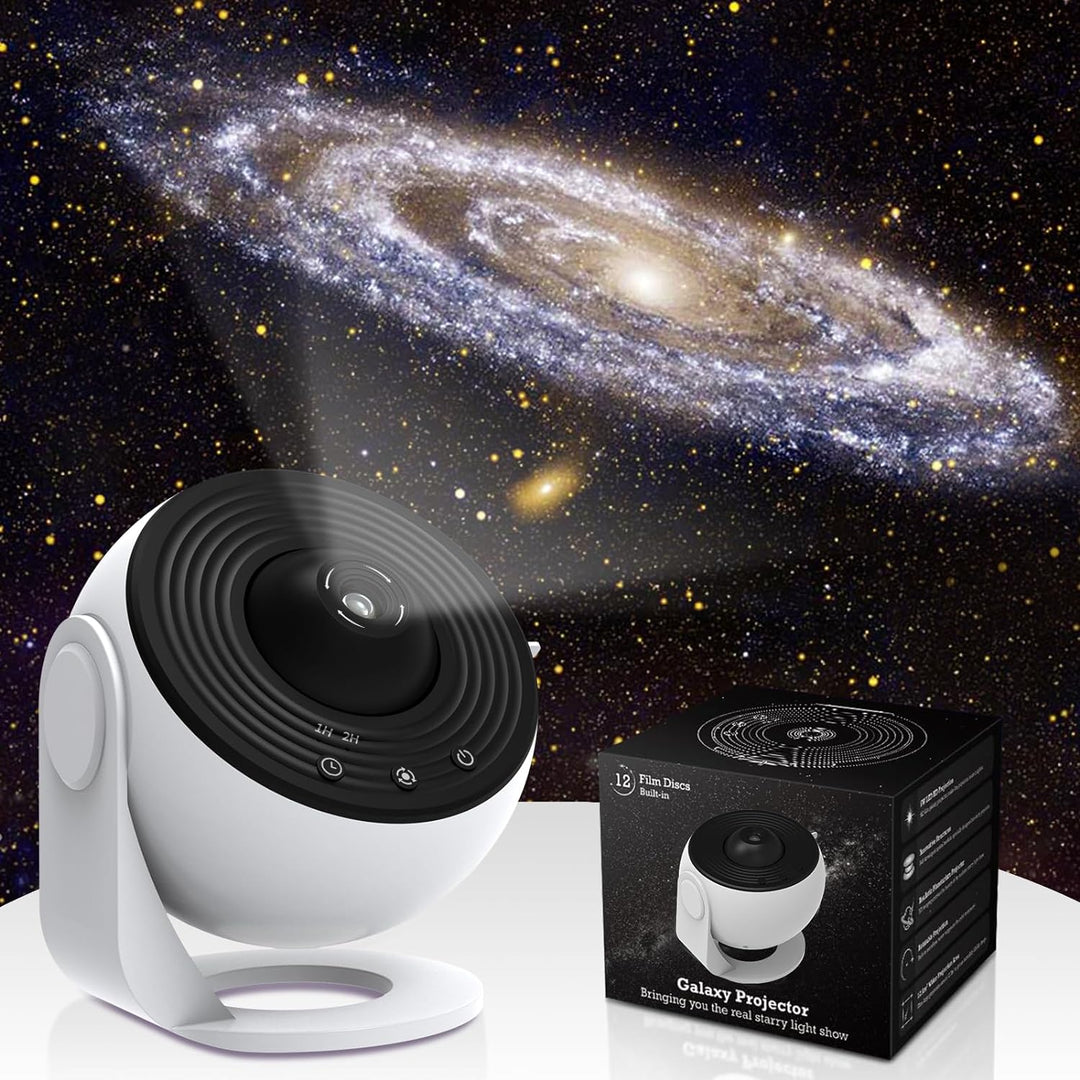 "360° Sternenhimmel Projektor im Einsatz, projiziert realistische Sterne und Planeten an Decke und Wände für Entspannung."
