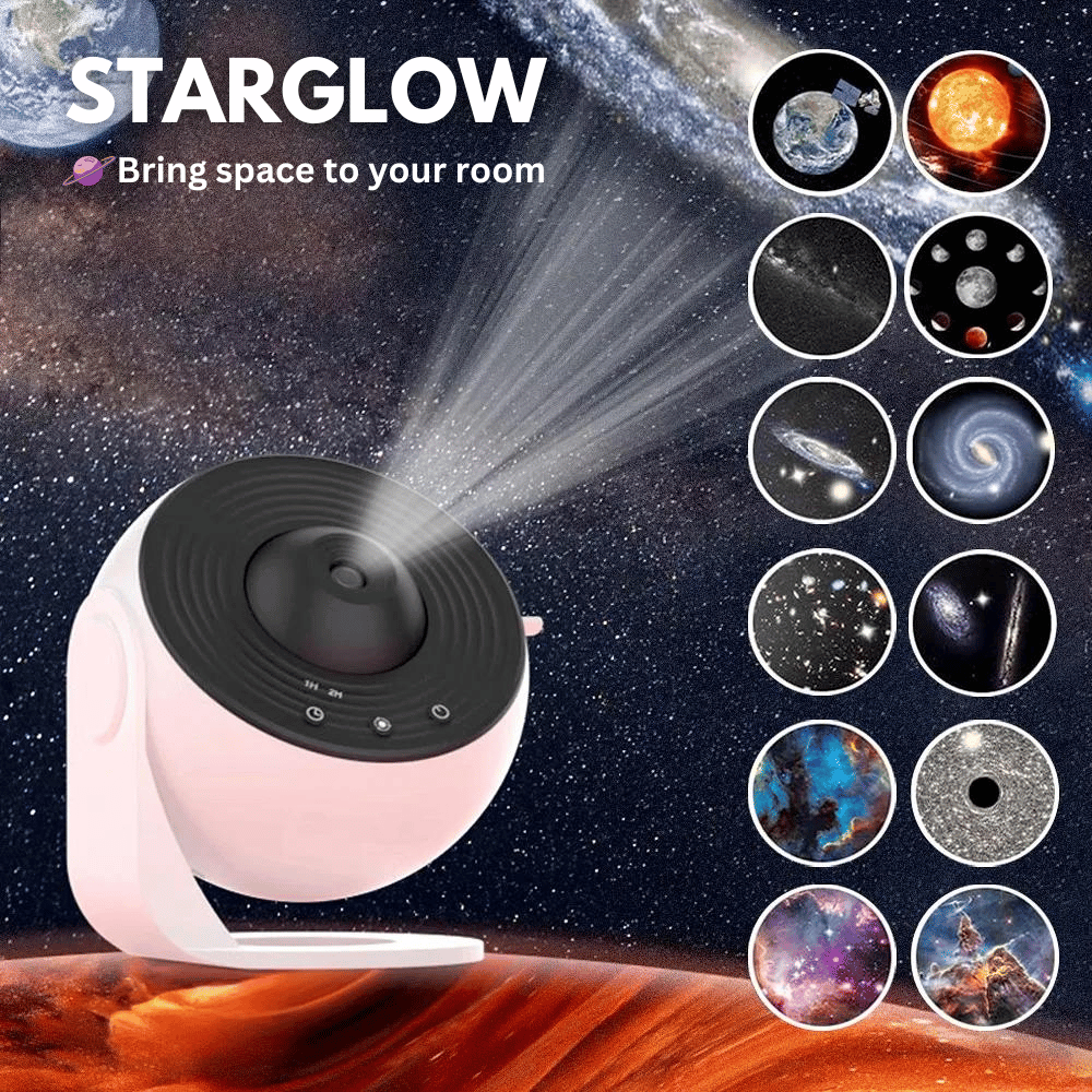"360° Sternenhimmel Projektor im Einsatz, projiziert realistische Sterne und Planeten an Decke und Wände für Entspannung."