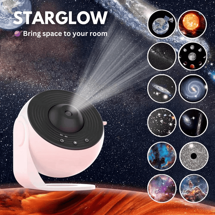 "360° Sternenhimmel Projektor im Einsatz, projiziert realistische Sterne und Planeten an Decke und Wände für Entspannung."
