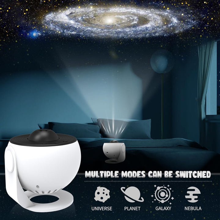 "360° Sternenhimmel Projektor im Einsatz, projiziert realistische Sterne und Planeten an Decke und Wände für Entspannung."