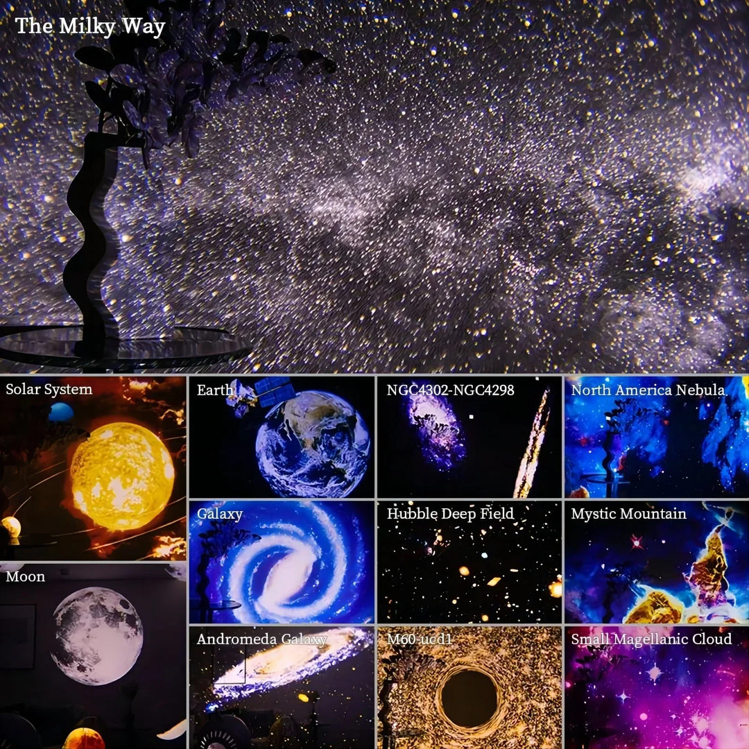 "360° Sternenhimmel Projektor im Einsatz, projiziert realistische Sterne und Planeten an Decke und Wände für Entspannung."