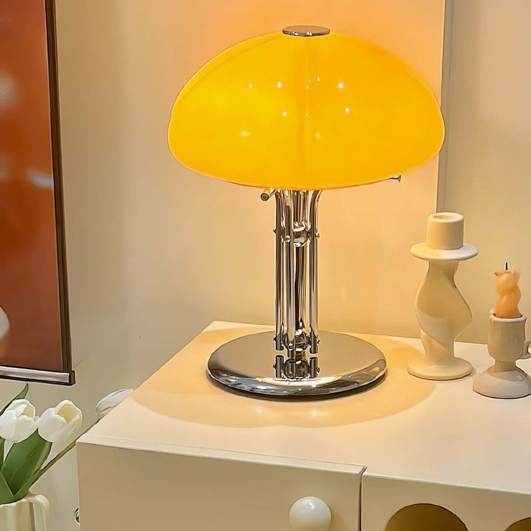 Pilz Design Tischlampe Glas Bernstein
